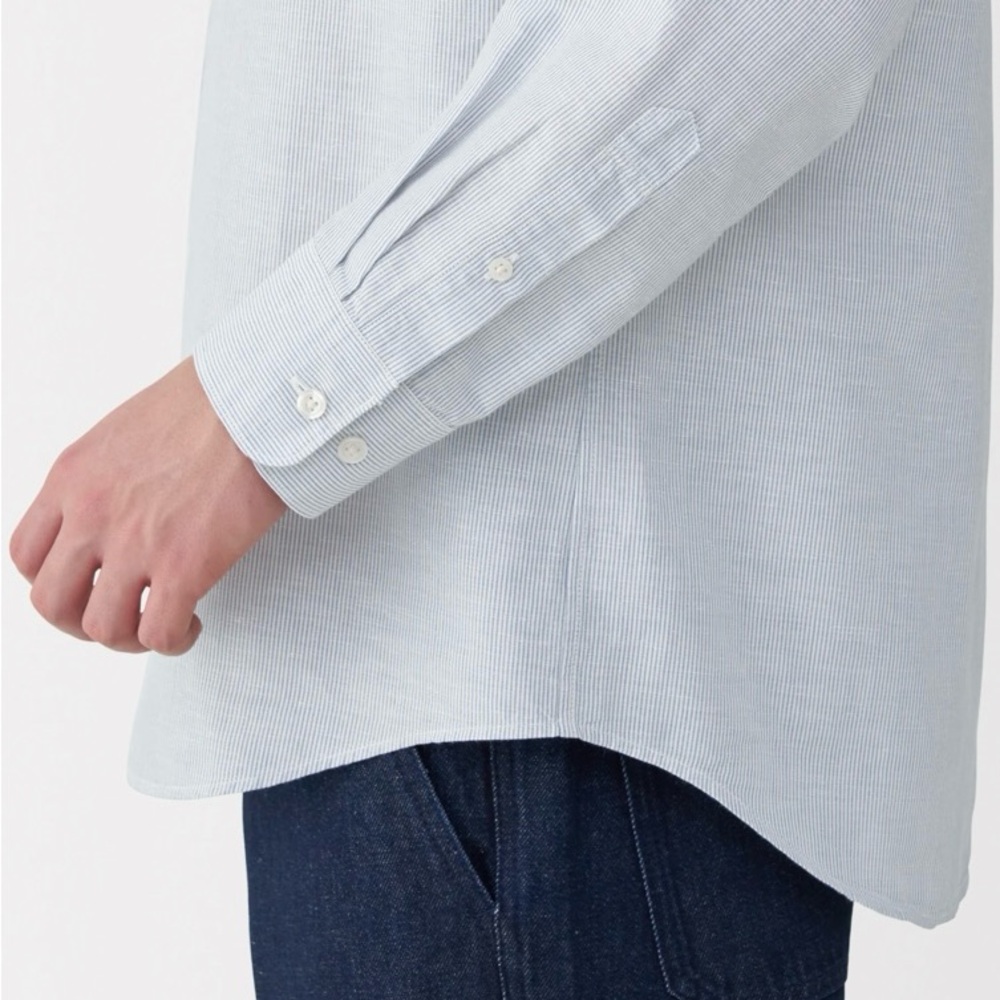 Muji light grey stripe stand collar linen hemp Shirt Relaxed Fit